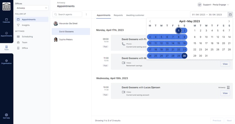 Pexip Engage v2 web app Appointments - Filter by date