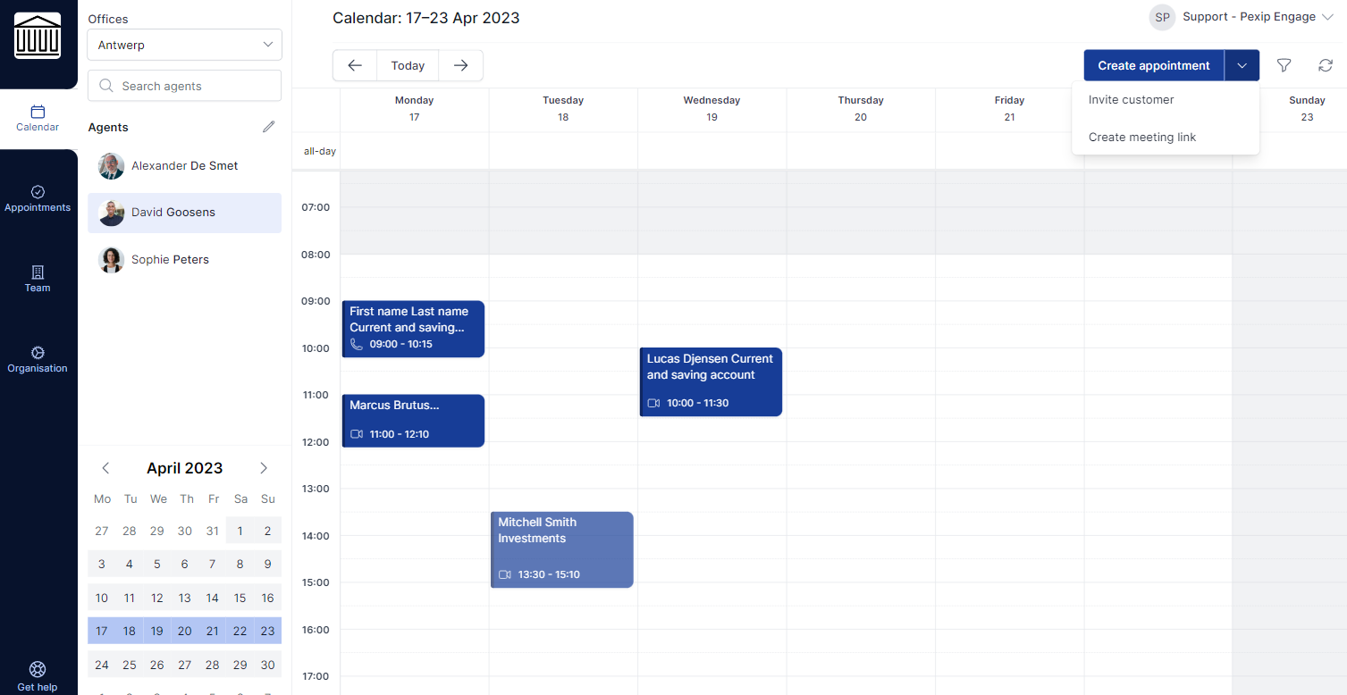 Pexip Engage v2 web app Calendart - invite customer