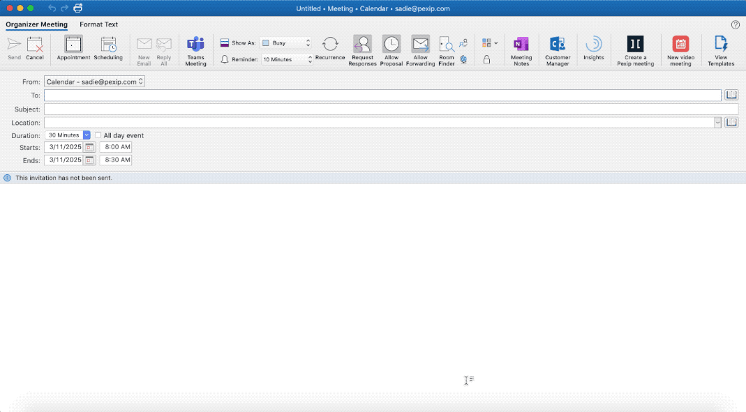 Scheduling a new meeting in Outlook with the Pexip scheduler add-in 