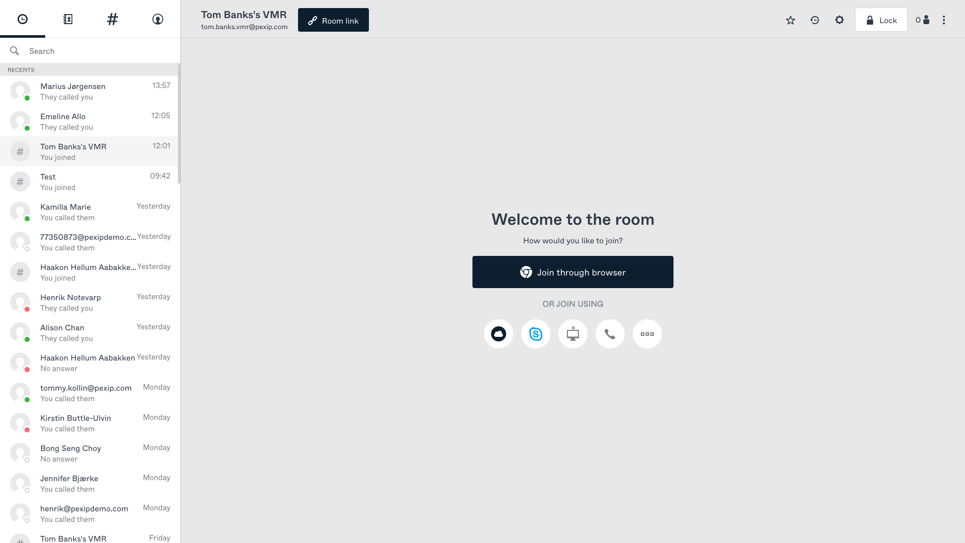 Logging into your Pexip account and accessing your  virtual meeting room