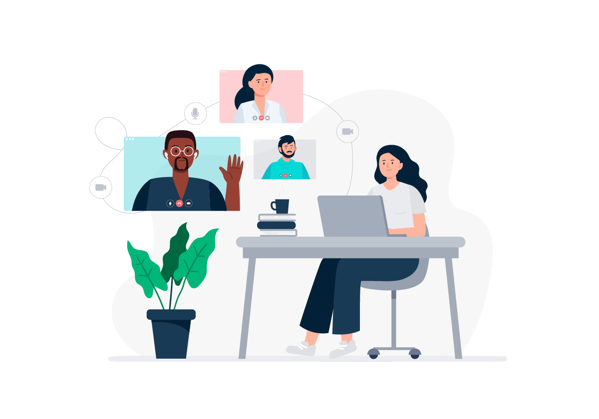 A hybrid workforce meets together via video conference